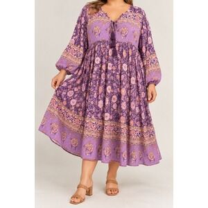 R.Vivimos Purple Floral Boho Tassel Tie V-Neck Dress, 2XL